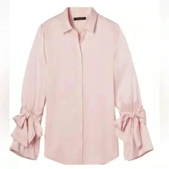[S] BANANA REPUBLIC Dillon Shirt Pink Button Front Blouse  L/S bell tie sleeves - Picture 3 of 8